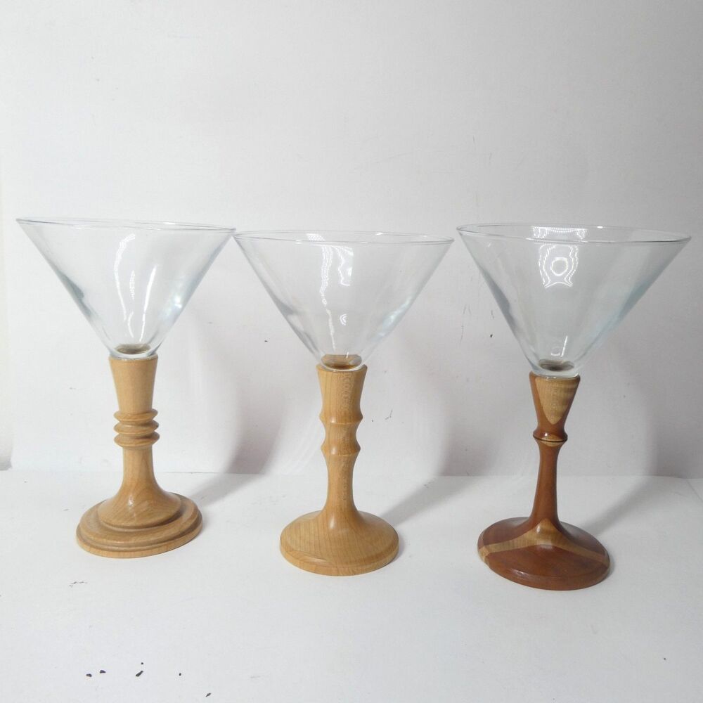 3 Turned Wood Stem Martini Glasses Signed Handmade Wooden